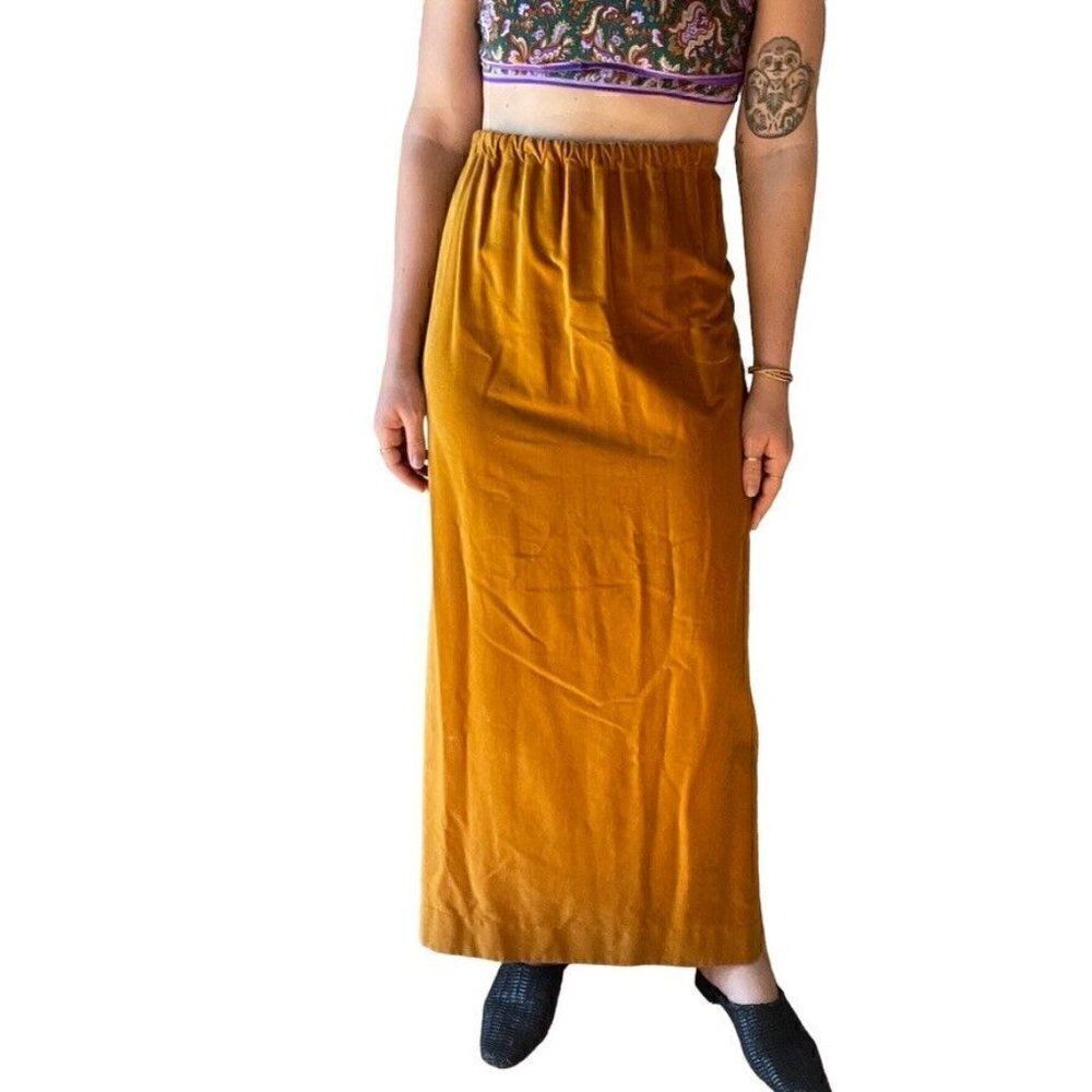 Vintage 1970s Womens Mustard Yellow Gold Velvet High Rise Maxi Skirt Sz XL